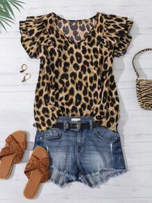 SHEIN LUNE Vestiti estivi da donna taglie forti con scollo a V e fantasia leopardata, con maniche doppie a forma di loto