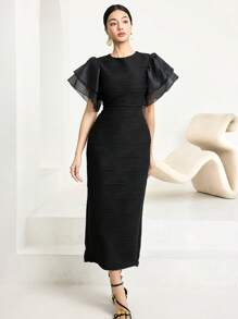 Modelyn Ruffle Sleeve Jacquard Textuur Slanke Jurk Lange Avondjurken