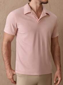 Manfinity NXTstreet 男士棉素色條紋針織POLO衫 - 淺粉色 - 查看 5