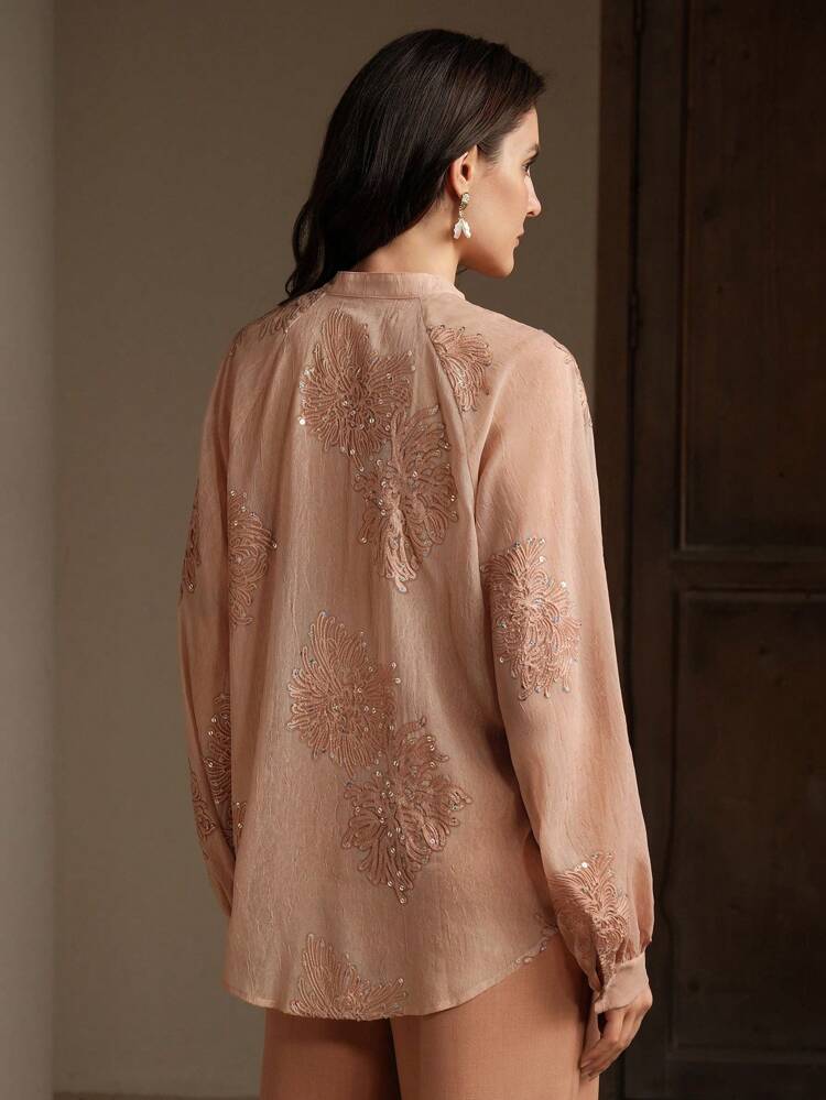 Loose Semi-Sheer V-Neck Embroidered Long Sleeve Shirt With Colorful Sequin Detailing, Elegant Office Style For Women