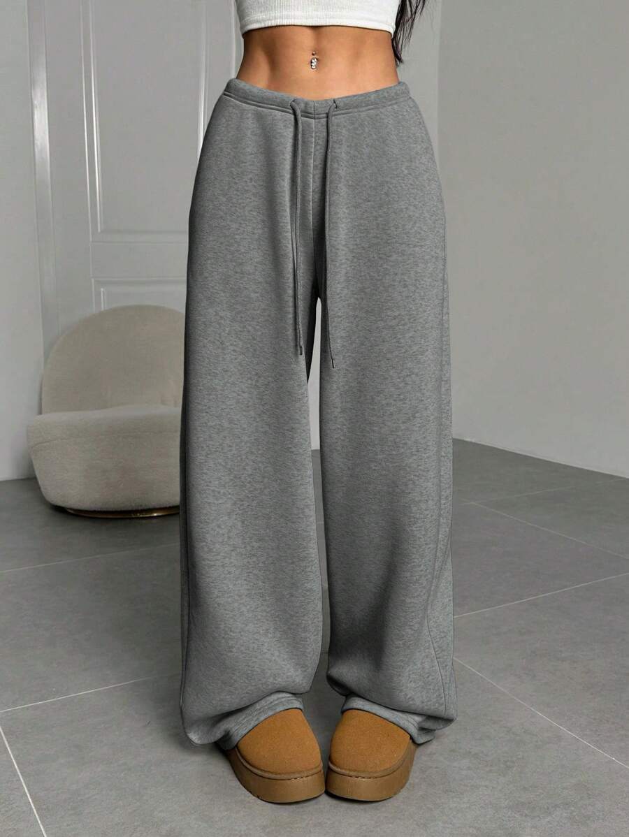 SHEIN EZwear 女士纯色抽绳腰休闲宽松时尚运动裤 - 深灰色 - 查看 1