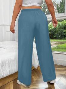 SHEIN MOOSTA 大码女式纯色宽松休闲抽绳腰阔腿裤 - 淺藍色 - 查看 2