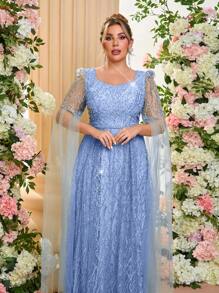 Glamrae 大码优雅浪漫甜心领口手工串珠网眼泡泡袖A字刺绣网眼晚礼服