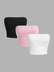 SHEIN Girlism 青少年女孩 3 件套 黑色、白色、粉色休闲褶饰修身抹胸短款上衣套装 - 彩色 - 查看 1