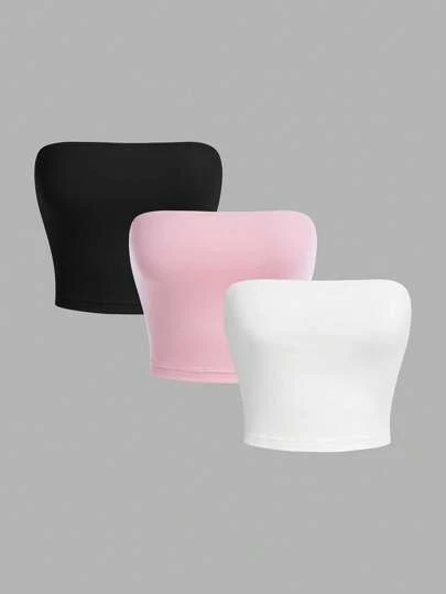 SHEIN Girlism 青少年女孩 3 件套 黑色、白色、粉色休闲褶饰修身抹胸短款上衣套装