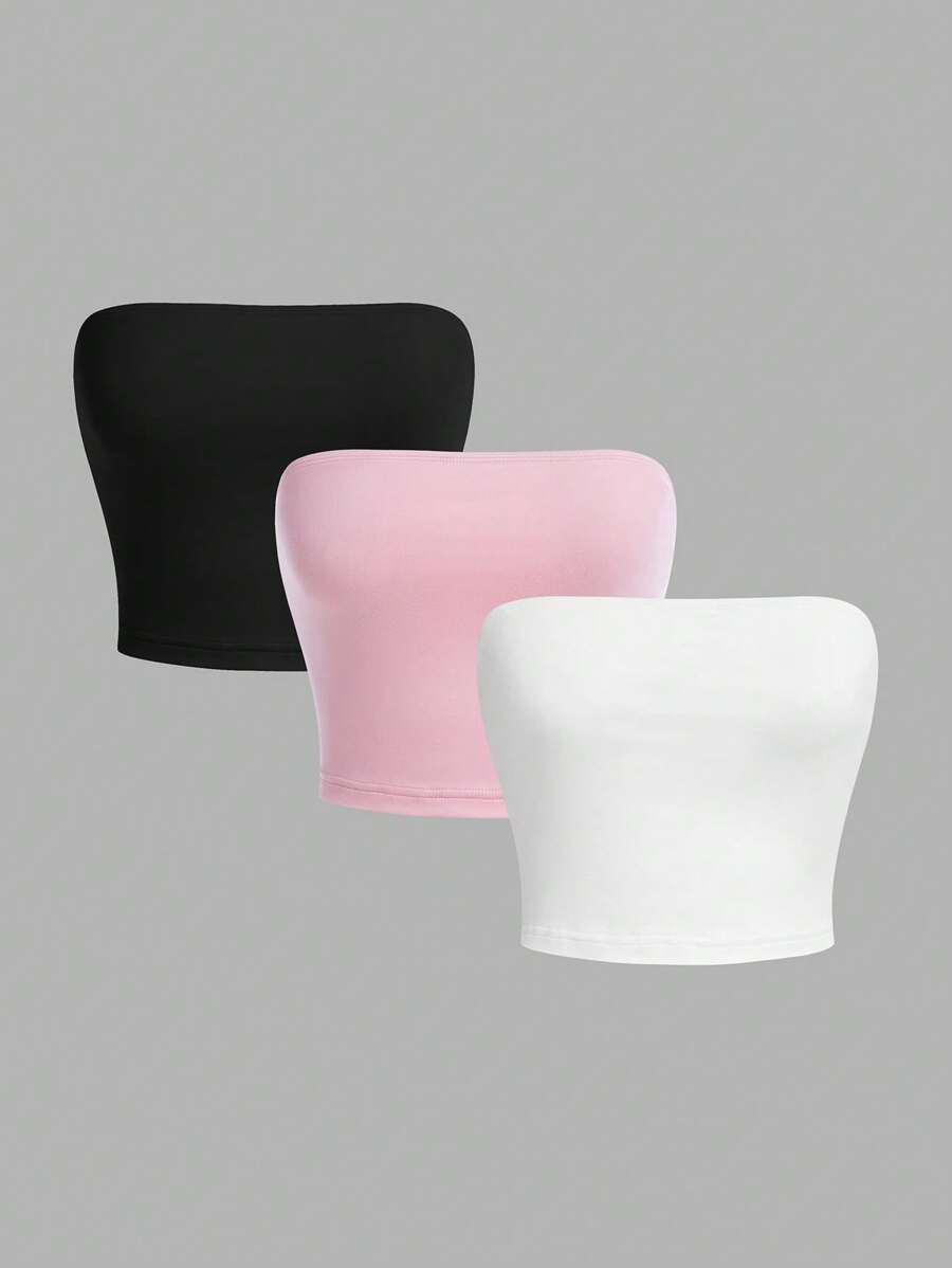 SHEIN Girlism 青少年女孩 3 件套 黑色、白色、粉色休闲褶饰修身抹胸短款上衣套装 - 彩色 - 查看 1