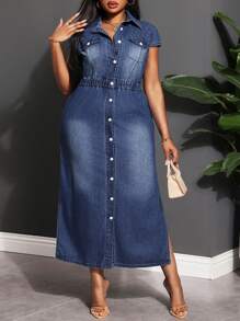 Slaydiva 大码女式修身长款牛仔连衣裙，休闲蓝色