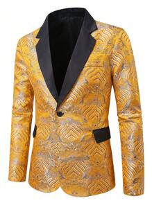 Manfinity Mode Men's Retro Jacquard Blazer Yellow Top Men Prom Suits For Men's Prom Suit