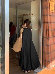 DAZY Women's Casual Round Neck Sleeveless Ruffle Puff Floral Loose Belted Long Dress