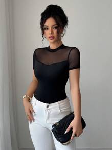 Elenzga Áo thun nữ cổ tròn tay ngắn họa tiết chắp vá màu trơn, đa năng cho mùa hè 2025 - màu đen - Xem 3