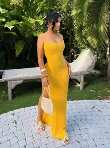 SHEIN SXY 黄色无袖高开衩连衣裙，夏季，女式加大太阳裙，黄色，海岛度假装，泳池派对装，夏装，女士沙滩装，女士度假装，波西米亚风女装，女士早午餐装，女士邮轮装，露肩连衣裙，女士夏威夷装，女士性感装，伊比沙岛装 - 黃色 - 查看 5