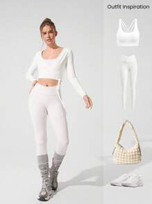 GLOWMODE Top court à manches longues FeFeatherFit™ avec col V et ceinture à la taille, adapté au yoga à faible impact et à l'usage quotidien en été
