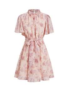 Ellevyn Women's Elegant Floral Print Frill Trim Neck Midi Dress, Summer Classy Outfits For Women Summer Dresses For Women