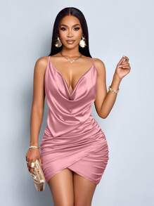 SOLERSUN Elegant Solid Color Draped Collar Backless Ruched Satin Party Bodycon Short Dress - Dusty Pink - View 5