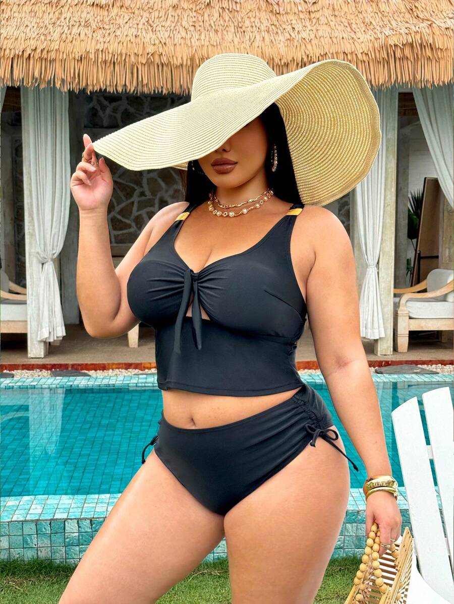 SHEIN Swim Curve Ensemble de maillot de bain tankini à nœud devant de couleur unie pour femme grande taille