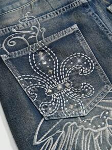 ROMWE Grunge Punk Quần short denim ống rộng quá khổ thời trang đường phố punk phong cách Tokyo thêu cánh và trang trí bằng đá quý cho phụ nữ - Màu xanh lam - Xem 3