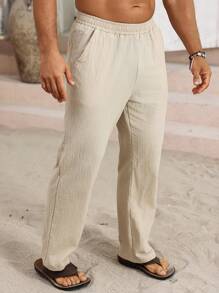 Manfinity RSRT 男士纯色弹性腰侧口袋直筒亚麻休闲裤，秋季