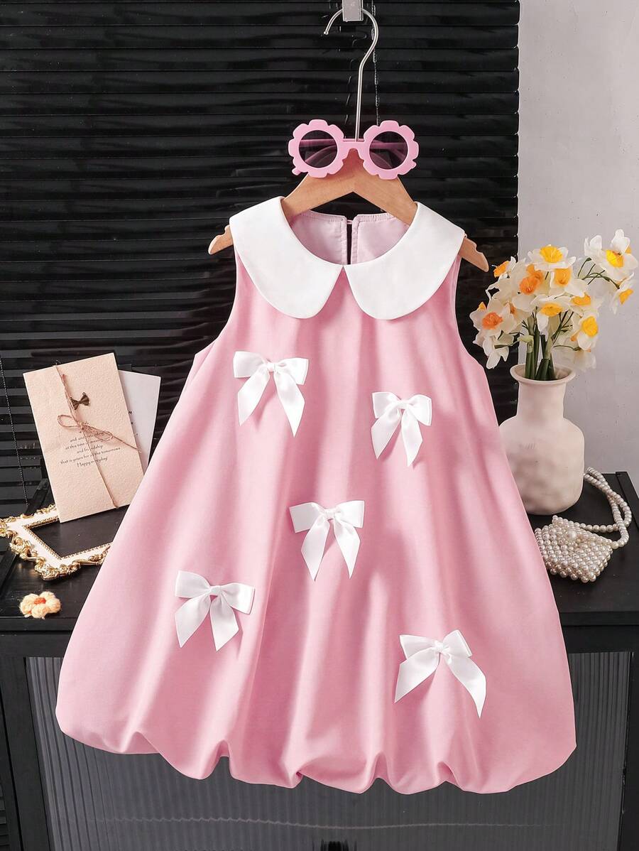 Young Girl Contrast Color Collared Sleeveless Fitted Casual Dress - Pink - View 1