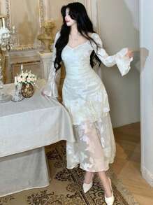 DAZY Vestido de largo medio con volantes texturizados, para primavera/verano - Blanco - Ver 6