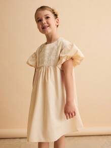 Maija Kids Maija Kids Young Girl Loose Casual Patchwork Ruffle Sleeve Dress - Apricot - View 3