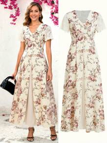 Ellevyn Women's Elegant Floral Print Maxi Dress With V-Neck And Short Sleeves - Multicolor - View 1