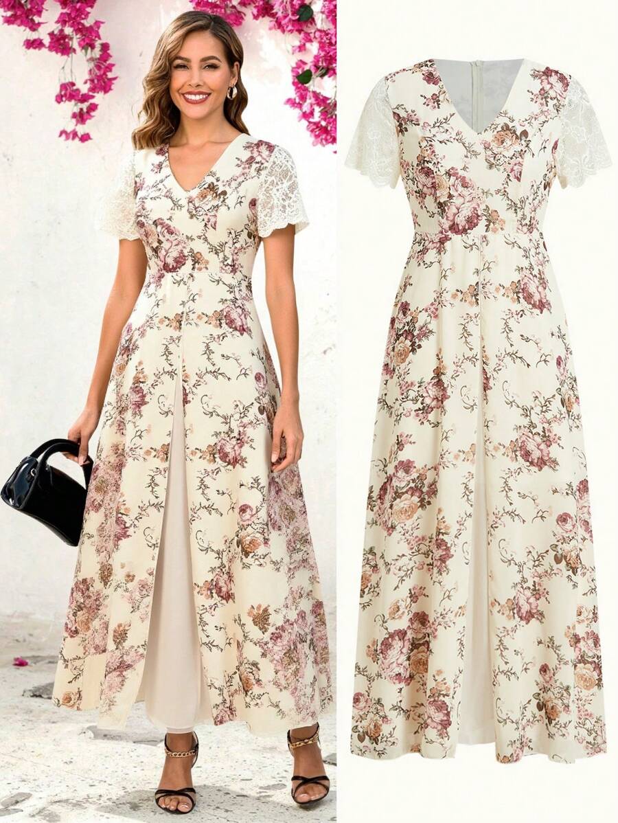 Ellevyn Women's Elegant Floral Print Maxi Dress With V-Neck And Short Sleeves - Multicolor - View 1