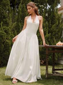 SHEIN Unity Vestido maxi elegante de un solo color con cuello halter, espalda descubierta y sin mangas - Blanco - Ver 6
