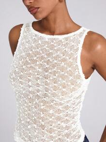 SHEIN BAE 女士春夏休闲度假透视钩编机车波西米亚风网眼袖上衣外出上衣，适合音乐节、西部牛仔风格等场合