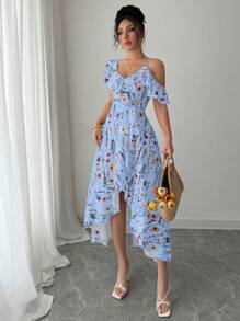 Selianne Summer Elegant Asymmetric Ruffle Hem Floral Print Dress - Blue - View 4