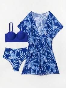 Swim Lushoire Conjunto de traje de baño de 2 piezas con parte superior tipo top con recorte de concha y bikini triángulo con estampado floral, talla grande una cubrecostilla de manga corta