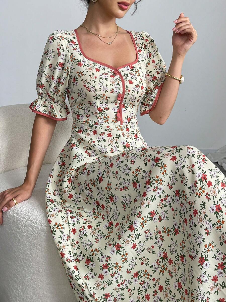 Mulvari 女式优雅碎花束腰夏季连衣裙 - 淡黃色 - 查看 1