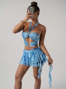 SHEIN ICON Y2K 风格露背扭纹镂空上衣和垂坠蛋糕裙套装，春季性感装扮 - 藍色 - 查看 5