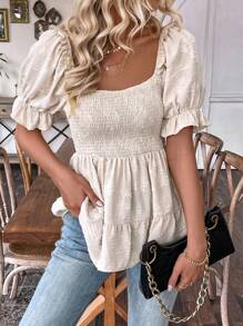 SHEIN LUNE Áo cánh tay bồng cho nữ có phần eo thắt eo Peplum - Màu be - Xem 3