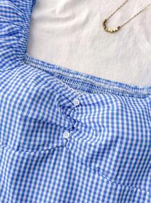 SHEIN Blusa azul y blanca con volantes y línea A a cuadros en estilo retro, casual tipo universitario