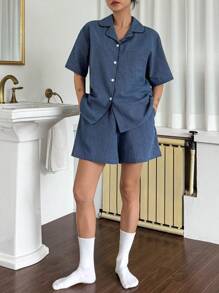 DAZY Conjunto de pijama de short y blusa de manga corta con estampado de cuadros minimalista para mujer