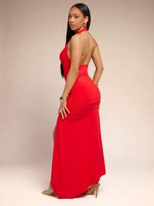 Vixey Draped Cowl Neck Asymmetrical Hem Halter Neck Midi Dress, Wedding Guest Dress Women