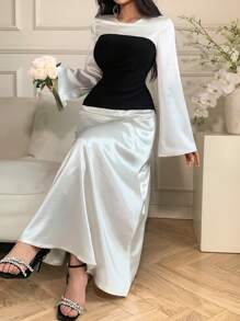 DAZY Damen Rundhals Langarm einfarbiges Midi-Kleid, Herbst - Schwarz und Weiss - Übersicht 6
