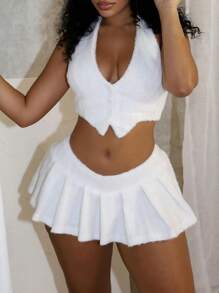 INAWLY Fluffy White Halter Top And Pleated Mini Skirt Set - White - View 1