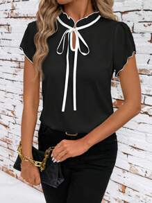 Solivie Fitted Women's Contrast Color Short Sleeve Blouse Summer For Women Teacher For Women Tie Neck Shirts Country Women Summer Women - Black - View 9