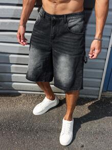 Manfinity Homme 男士口袋宽松休闲百搭牛仔短裤 - 黑色 - 查看 8