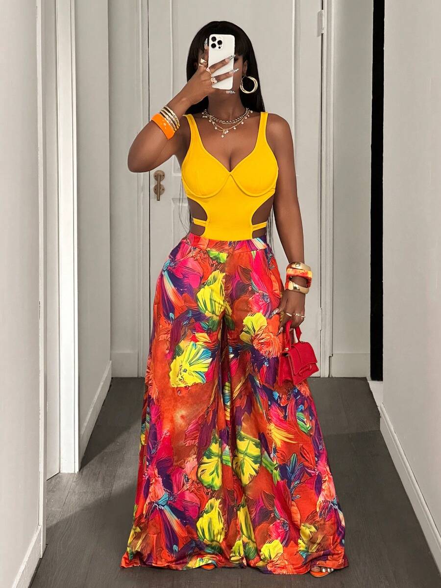 BamGleam Bộ đồ liền thân hở lưng gợi cảm cho nữ mùa hè - Màu vàng - Xem 1