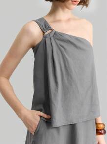 Ontre Bộ 2 món: Áo một vai màu trơn đi làm thường ngày cho nữ và chân váy, Series 2025 - Xám - Xem 4