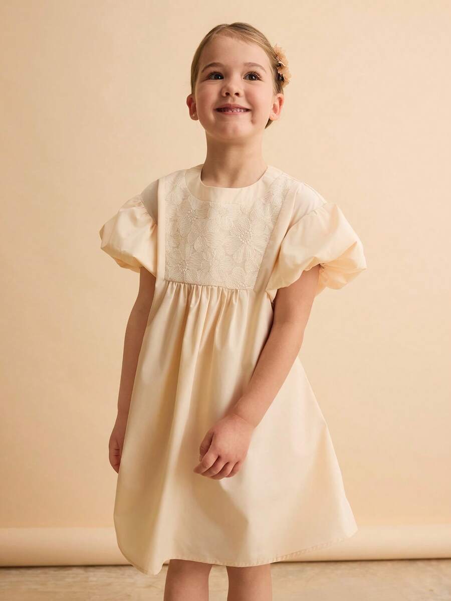 Maija Kids Maija Kids Young Girl Loose Casual Patchwork Ruffle Sleeve Dress - Apricot - View 1