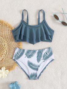 SHEIN 2 pièces/Set Top de maillot de bain noir minimaliste pour jeunes filles et bas de maillot de bain avec impression aléatoire d'arbres de noix de coco