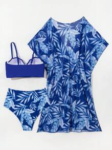 Swim Lushoire Conjunto de traje de baño de 2 piezas con parte superior tipo top con recorte de concha y bikini triángulo con estampado floral, talla grande una cubrecostilla de manga corta