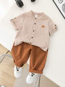 SHEIN LMoss Kids 2 件套婴儿幼儿男童/女童休闲简约纯色短袖衬衫上衣和松紧腰纯色裤子套装，春夏秋 - 彩色 - 查看 7