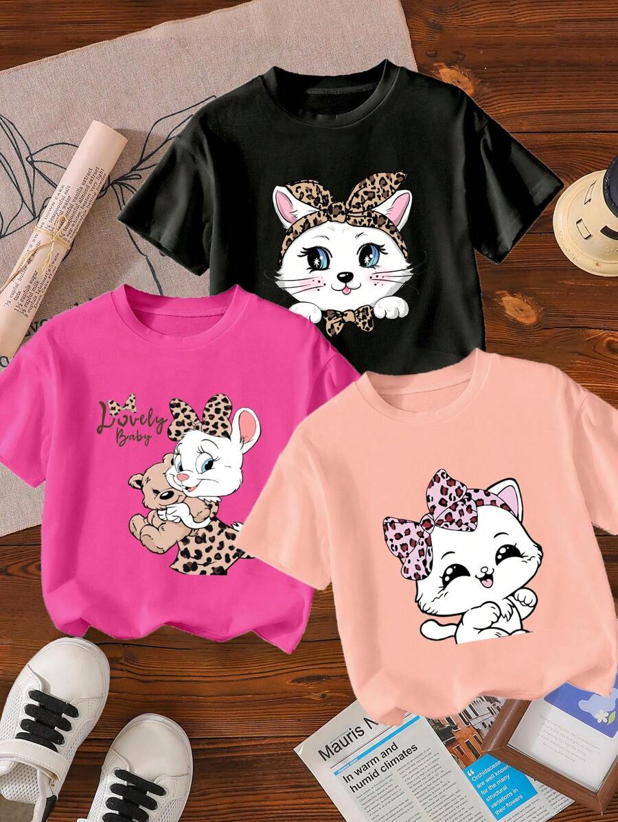 SHEIN 3 Pieces Set Baby Girls Casual Chic Comfy Minimal Cute Heart, Flower, Cat Pattern Short Sleeve T-Shirts, Spring & Summer - Multicolor - View 1