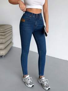 SHEIN PETITE Petite High Waist Dark Wash Skinny Jean - Dark Wash - View 1