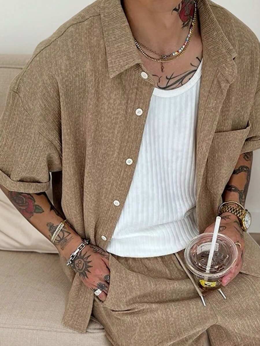 Men Button Front Pocket Short Sleeve Shirt And Drawstring Waist Long Pants 2-Piece Set - Khaki - View 1