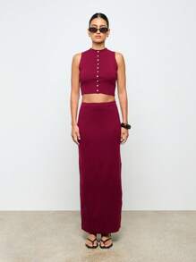 AiiRZ Fine Ribbed Front Buttoned Crop Waistcoat Top With Fitted Elastic High Waist Maxi Skirt Two Piece Co Ord Set - Red - View 4